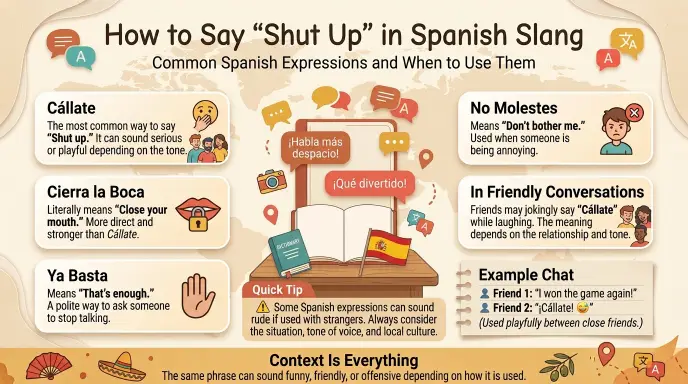 how to say shut up in spanish slang